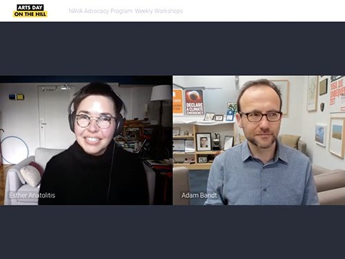 Zoom meeting screen shot of Esther Anatolitis and Adam Bandt