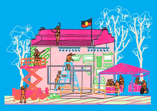 ID: A colourful graphic line illustration of trees, an art gallery and people all engaging in work related to the arts.