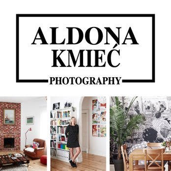 Large text that says "Aldona Kimec Photography" in a black box, with three photos at the bottom